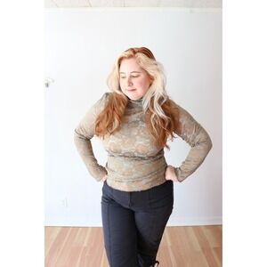 SIZE L Vintage Blue & Tan Stretch Lace Shirt y2k